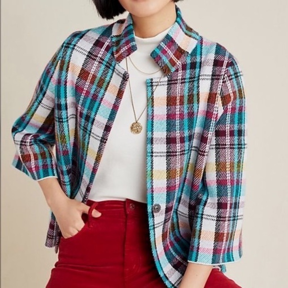 Anthropologie 3/4 Sleeve Plaid Multicolor‎ Knit Indie Boho Jacket Womens Size XS